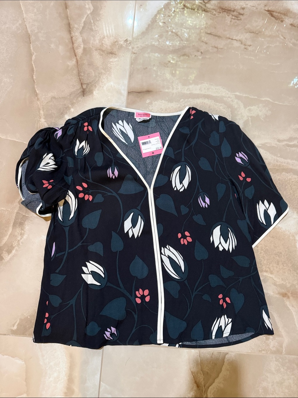 kate spade Navy Floral V-Neck Blouse with White Trim